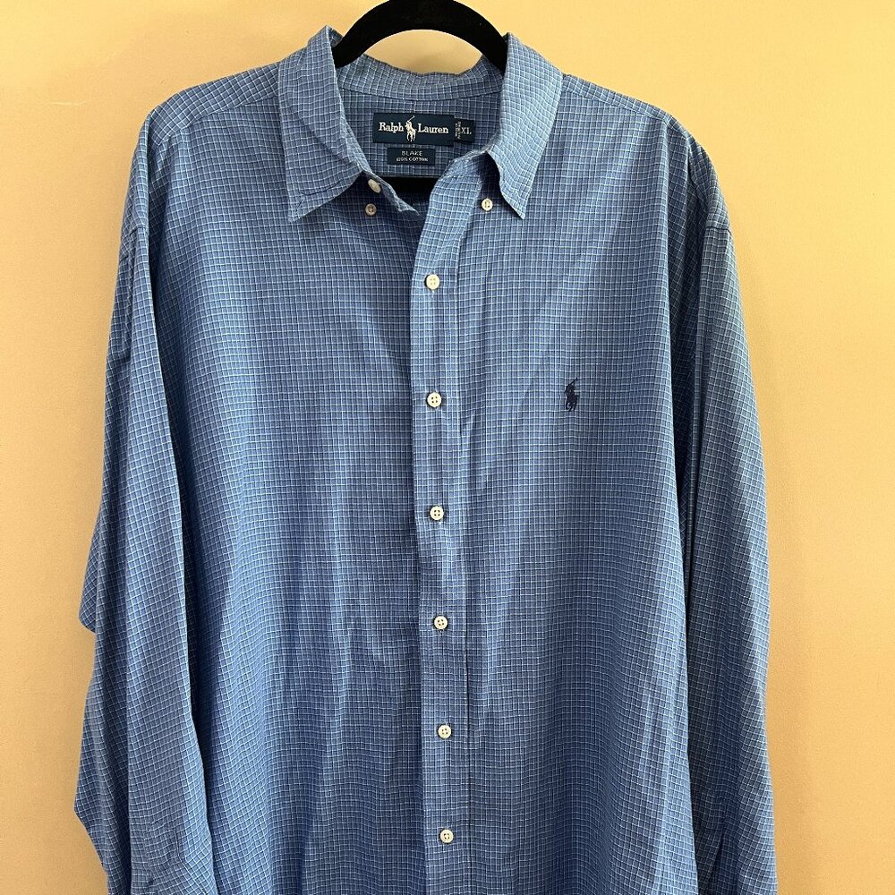 Ralph Lauren Button Up Shirt Long Sleeve 100% Cotton Blue Plaid Men's XL Blake